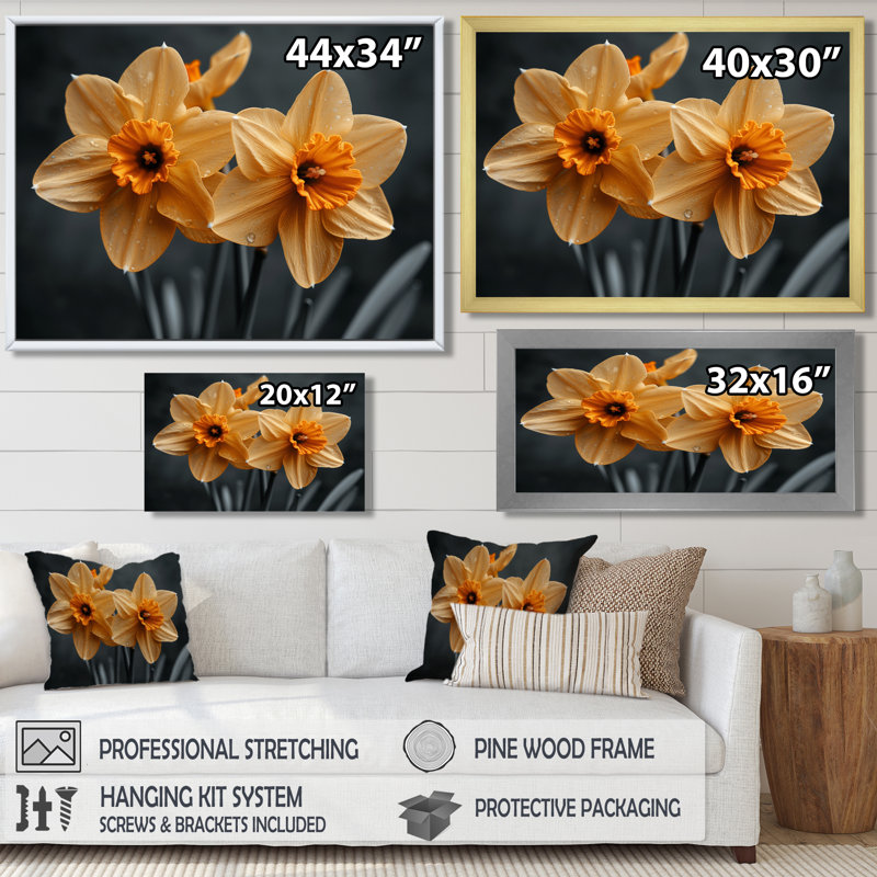 Monochromes jaunes et gris lumineux, jonquilles de luxe - jonquilles murales, H 12 po x l 20 po, Toile tendue