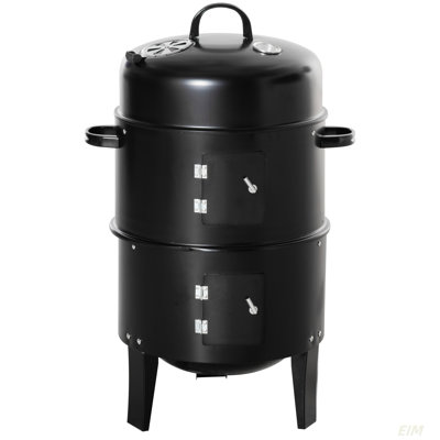 Fumoir vertical au charbon, barbecue rond au charbon de bois 16 po 3 en 1 avec 2 zones de cuisson et thermomètre pour la cuisine de pique-nique en plein air