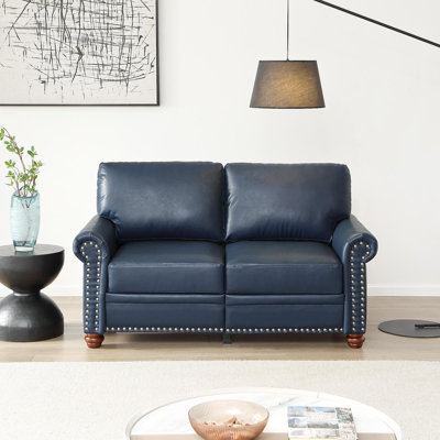 Living Room Sofa Loveseat Round Arm With Silver Nails Couch Navy Blue Faux Leather