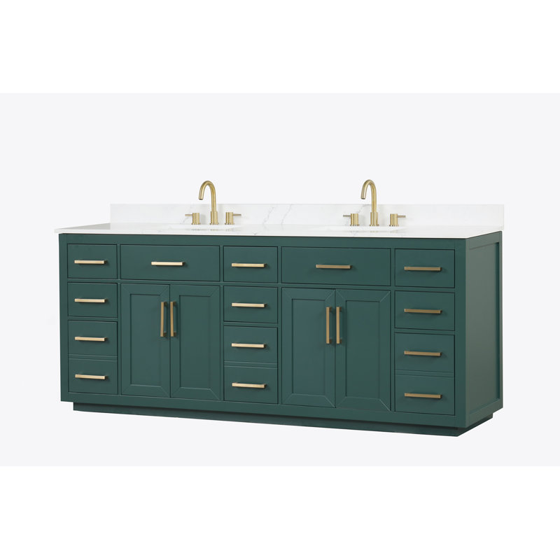 Green Solid Wood 84" Freestanding Double Sink Bathroom Vanity