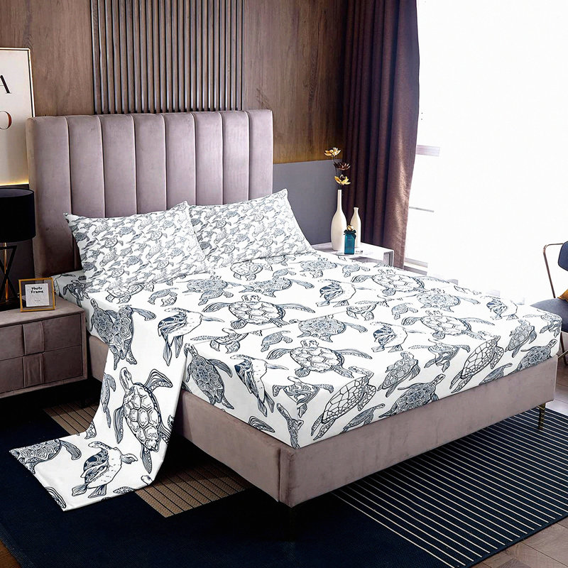 Oceanic Reptile Dreams Bedding Set - 4 Piece Sea Turtle Sheet Set with Coastal Nature Theme, Deep Pocket Fitted Sheet, Boho Chic Design, Palette, 2 Pillow Shams