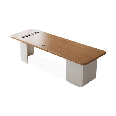 Bureau rectangulaire brun et blanc en bois massif avec 3 tiroirs