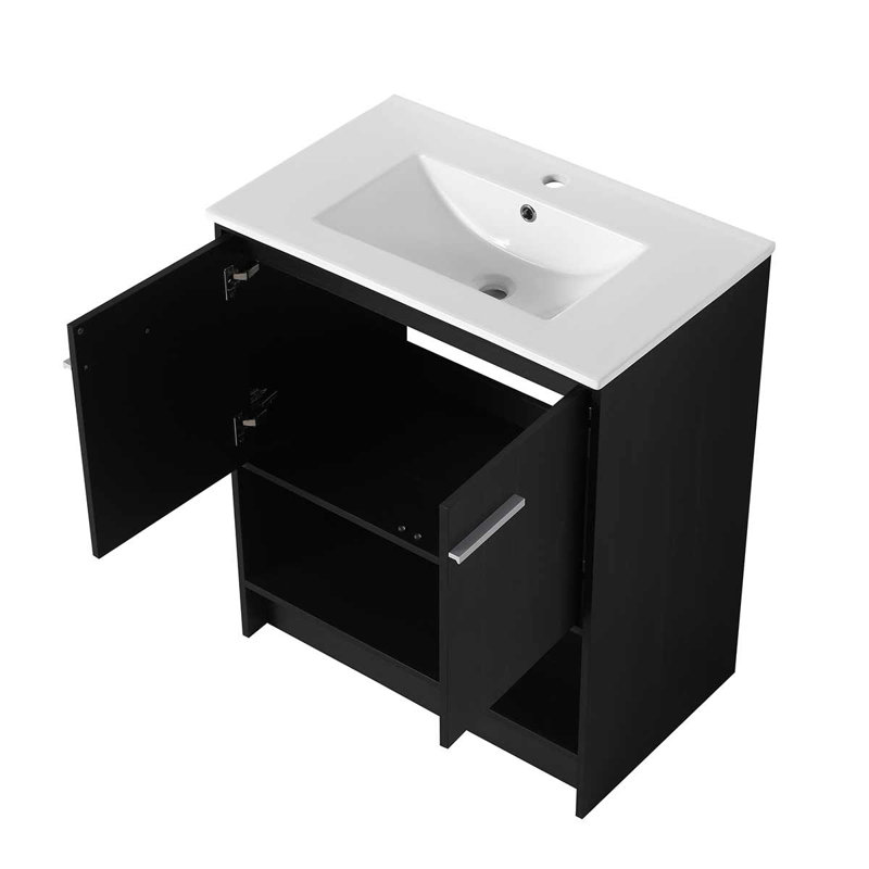 Meuble-lavabo autoportant avec lavabo en céramique et 2 portes, 30", Noir