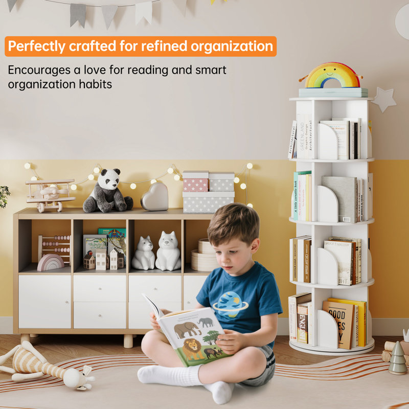 Rotating 4-tier Bookshelf, 360° Spinning Corner Bookcase, White Space Saving Organizer For Study Room, Home Office, Kids Rooms, Bedroom, Adults & Kids