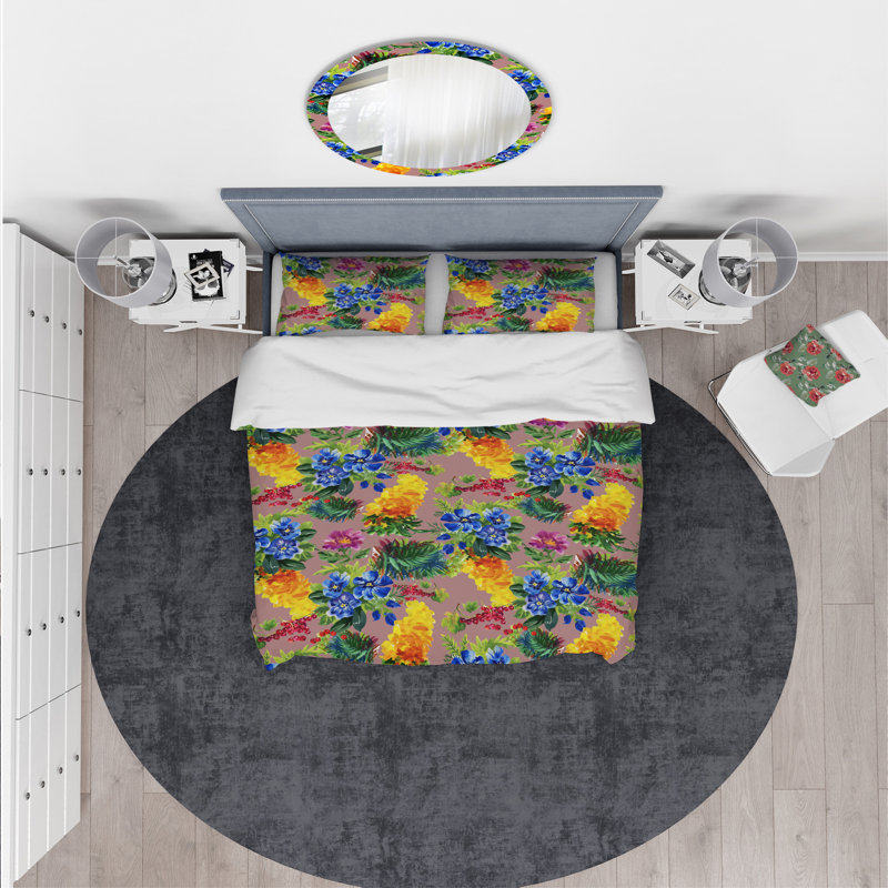 Ensemble de housse de couette fleur avec peu de baies designart, Housse de couette très grand + 2 taies décoratives