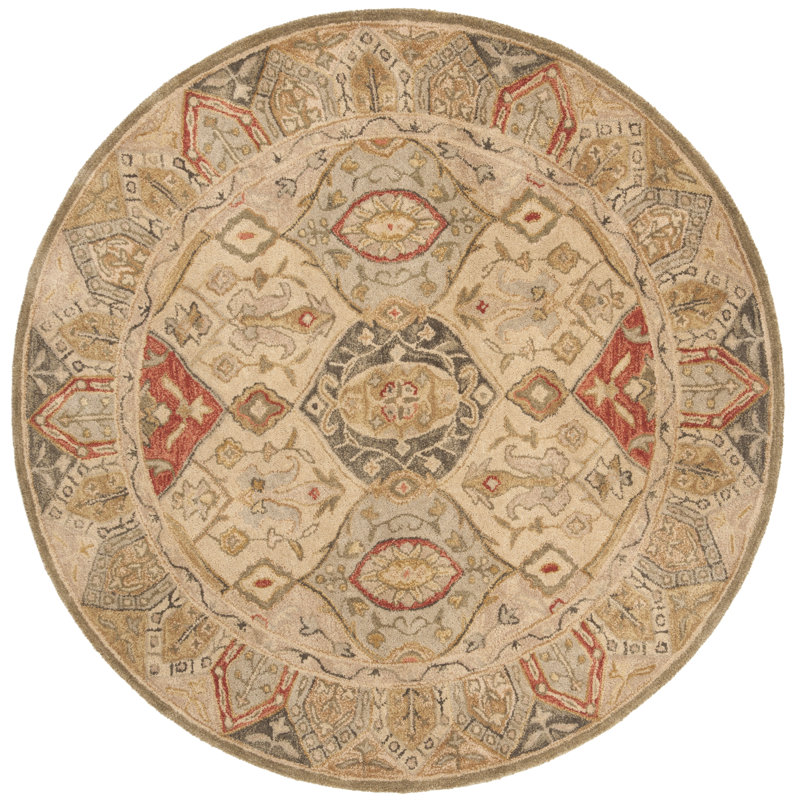 Breckan Oriental Handmade Tufted Wool Area Rug in Beige/Multi, Round 4'