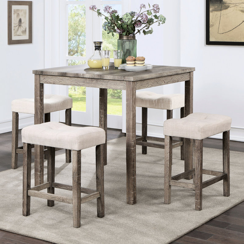 Table de salle à manger à hauteur de comptoir grise avec 4 tabourets coussinés en tissu beige et tabourets à base de placage de papier