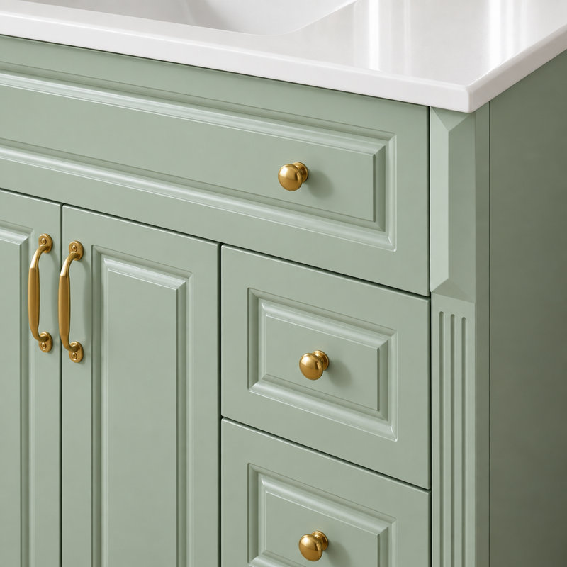 Meuble-lavabo vert autoportant de 92 cm (36,26 pouces) avec dessus en céramique, 3 tiroirs et 2 portes