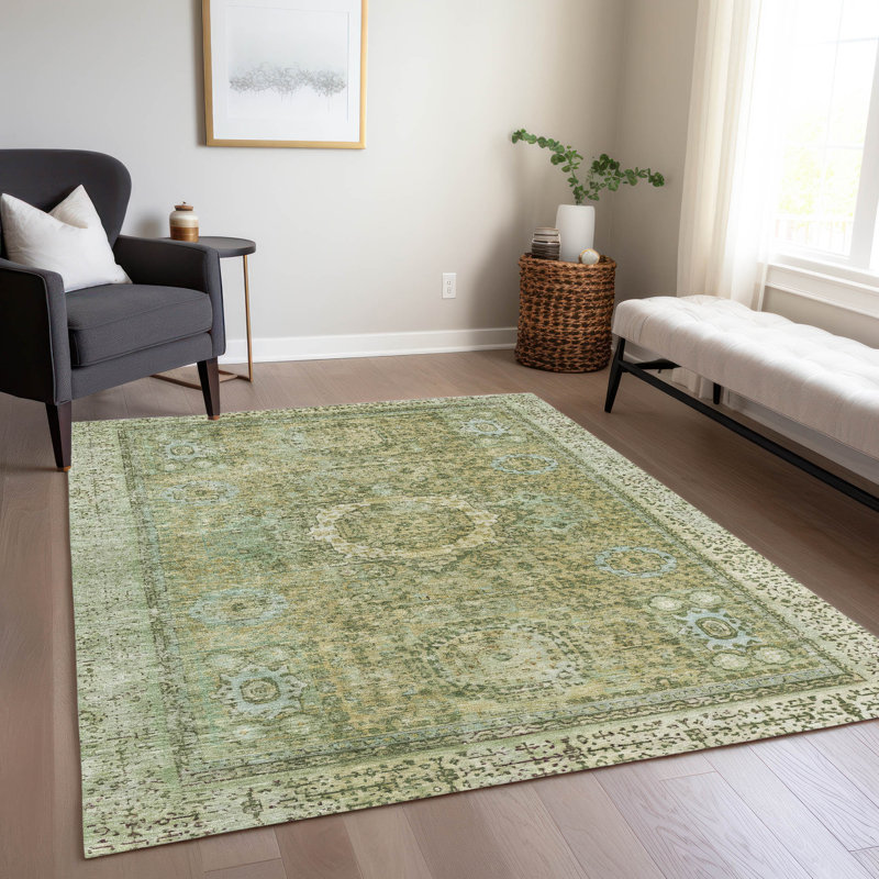 Tapis de sauge Xhevrie intérieur / extérieur lavable à la machine, Rectangle 10 pi x 14 pi