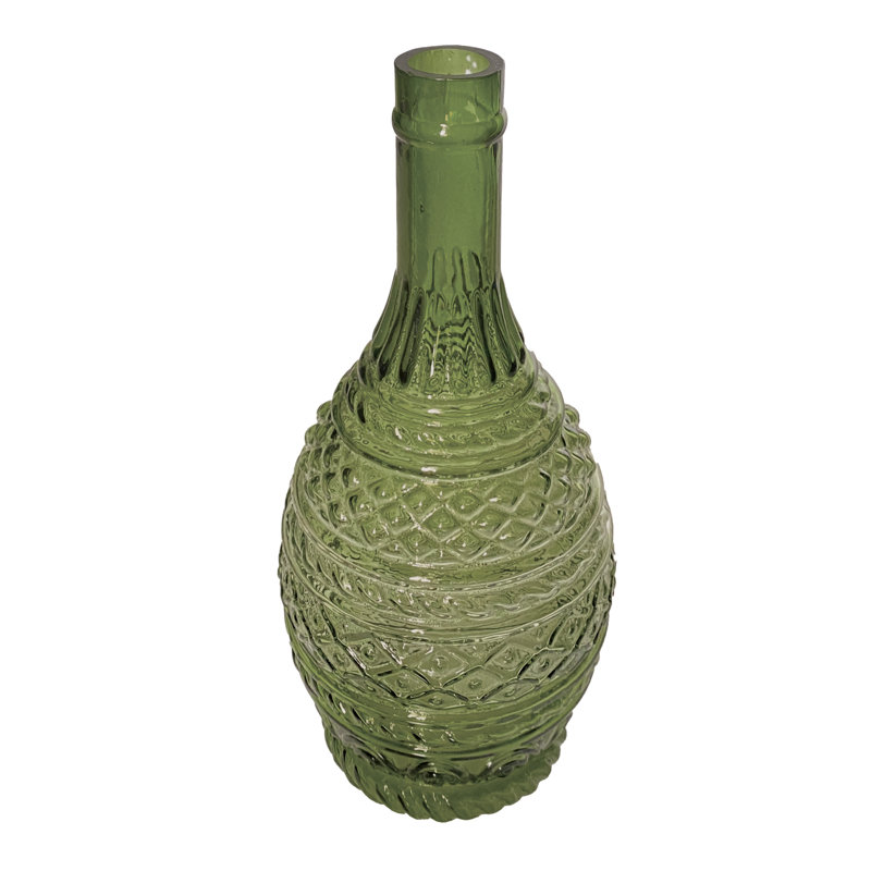 Emerald Hand-Blown Embossed Glass Vase
