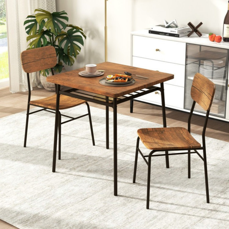 Ensemble de table de salle à manger 3 pièces pour 2 tables carrées en bois avec structure en métal