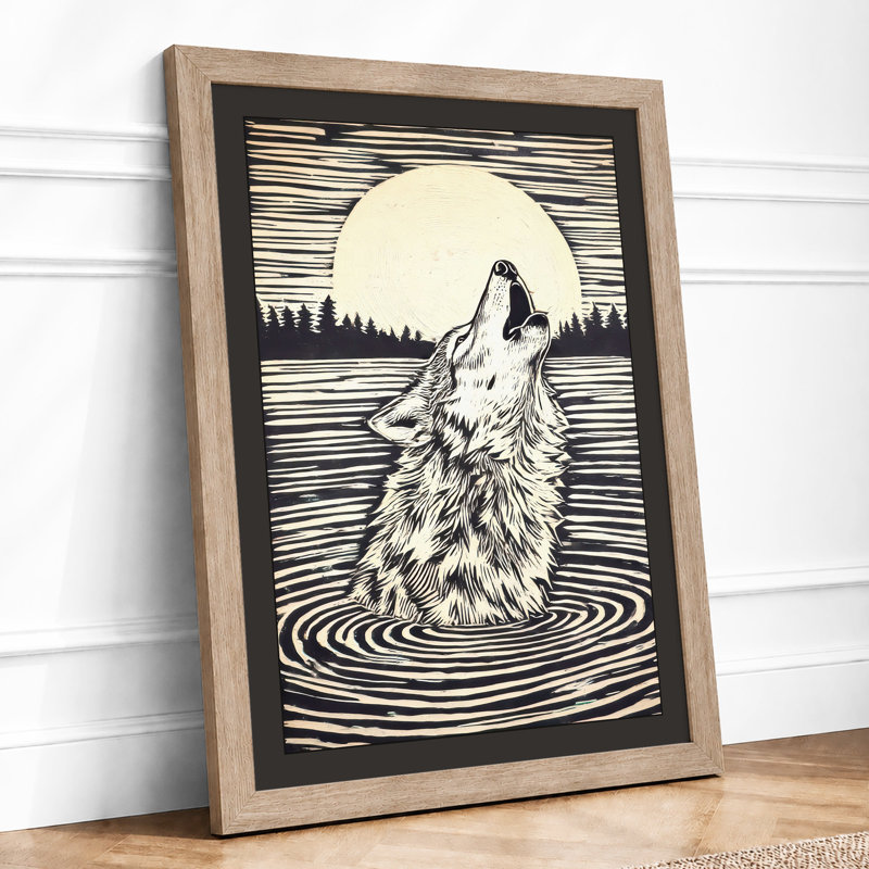 Wolf Under Moon Japandi - Print, A2 - 59.4 x 42.0 cm, Oak
