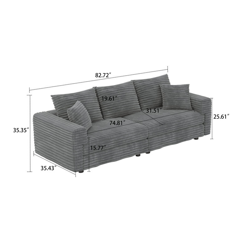 Canapé 3 places en velours côtelé Modern, Gris, H 35,35 po x l 82,87 po x P 35,43 po