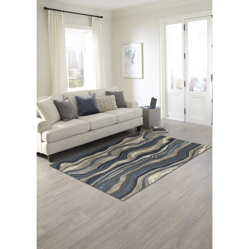 Tapis bleu / beige en polyester touffeté à la main Amero, Rectangle 7 pi 6 po x 9 pi 6 po