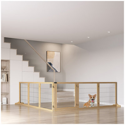 Wooden Dog Gate, 170" Freestanding Pet Gate, 6-Panel Foldable Dog Safety Barrier with 2 Support Feet for House Doorway Stairs, Small and Medium Dogs, Natural Wood