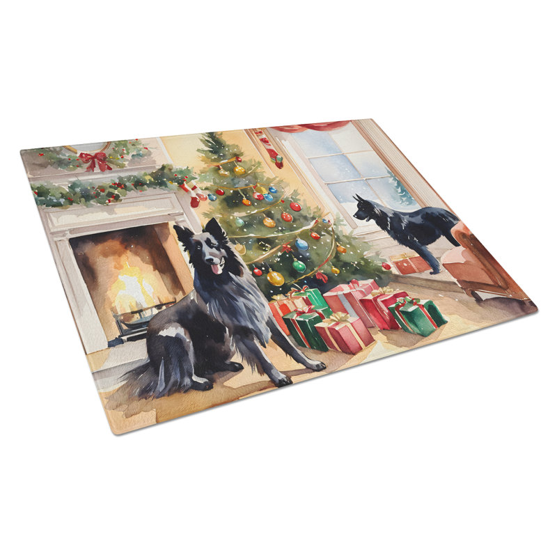 Belgian Sheepdog Cozy Christmas Glass Cutting Board Large