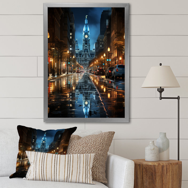 Kosak " Philadelphia Beautiful Cityscape ", 44" H x 34" W x 1.5" D, Silver Picture Framed