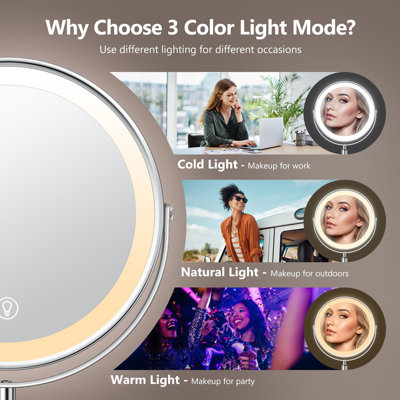 Lighted Makeup Mirror, Rechargeable Height Adjustable Double Sided, 1X/10X Magnifying With 3 Colour, 360° Rotation Vanity