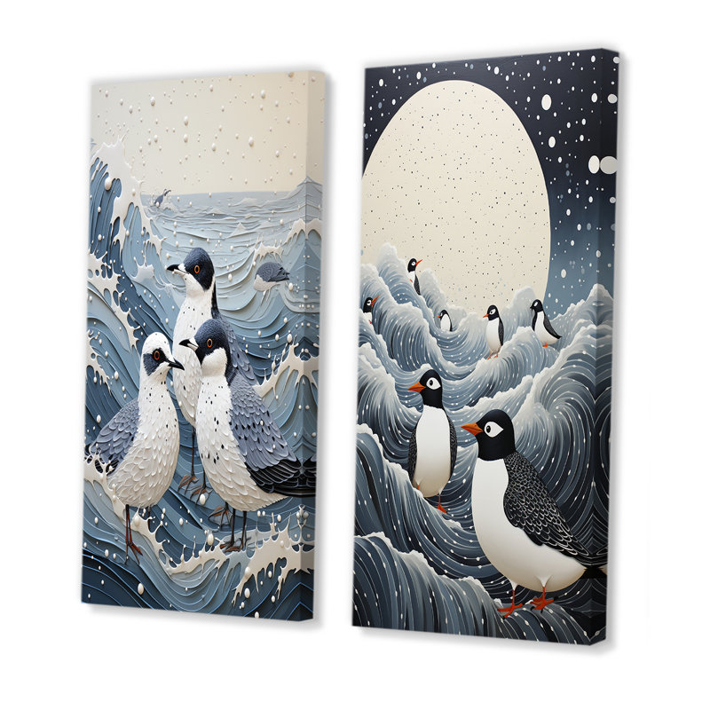 Beach Seagulls Haven Pointillism "Beach Seagulls Haven Pointillism" 2 - pièces sur, Toile tendue, H 32 po x l 32 po