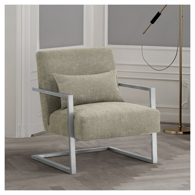 Chaise d'appoint moderne Xenith avec revêtement en lin gris et pieds en acier inoxydable brossé