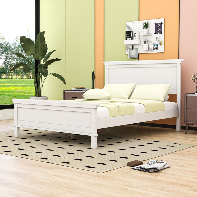 Lit plateforme en bois avec tête de lit et support à lattes, Double, Blanc