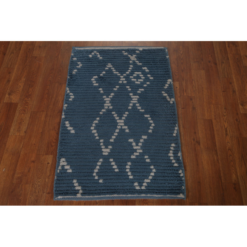 Tapis bleu / blanc en laine noué à la main de conception unique 2 pi x 3 pi New Age