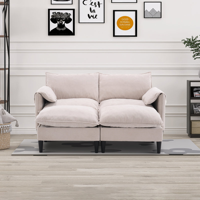 Canapé en chenille 2 places avec deux repose-pieds, Beige