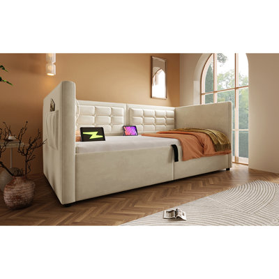 Upholstered Twin Daybed In Beige Velvet, Hydraulic Storage, Type - C Charging Bed Frame, Wooden Slats, And Back For A Restful Night Size Velvet With & Charging, Comfort Rich Bedroom