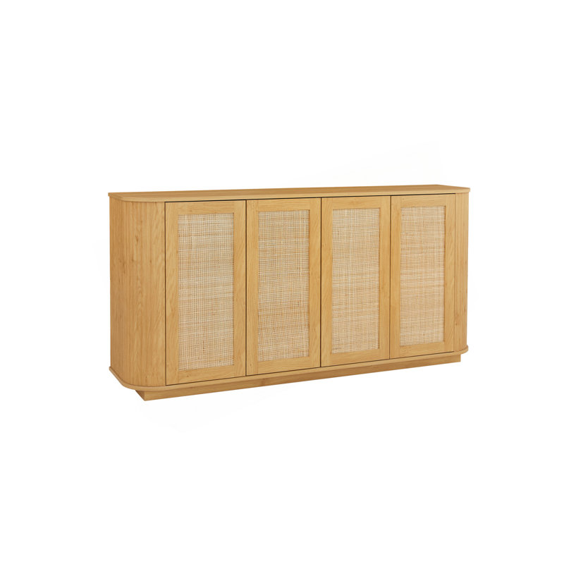 64-Inch Wave Shaped TV Stand, Rounded Corner Sideboard, Storage Cabinet, Buffet, Wood Vertical Striped Cabinet With Rattan Doors For Kitchen/Bedroom/Entryway. Natural