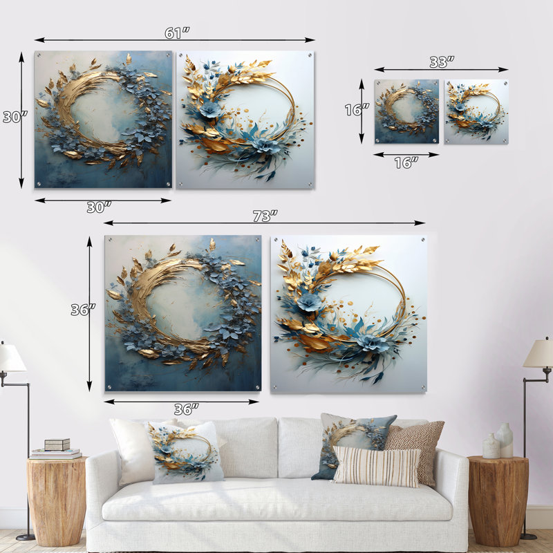 «Bold And Blue Wreath Simplicity» - Ensemble de 2 art mural en verre acrylique, H 36 po x l 73 po