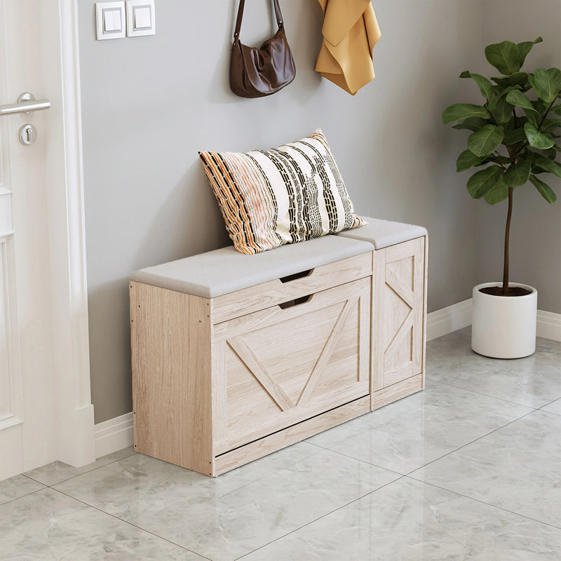2-Tier Adjustable Shoe Cabinet,Upholstered Shoe Storage Bench With Cabinet, Natural wood color