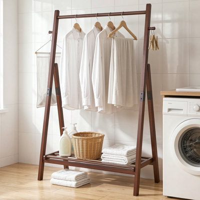 Heavy‑Duty Solid Wood Clothes Rack with Bottom Shelf & Side Hooks, Freestanding Garment Stand, A-Frame Entryway Organizer for Bedroom, Hallway