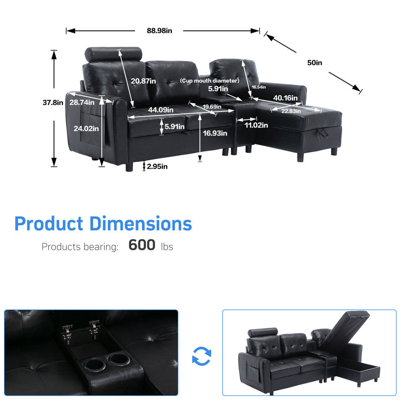50 po de large en similicuir faisant face à gauche avec canapé et méridienne, Similicuir noir