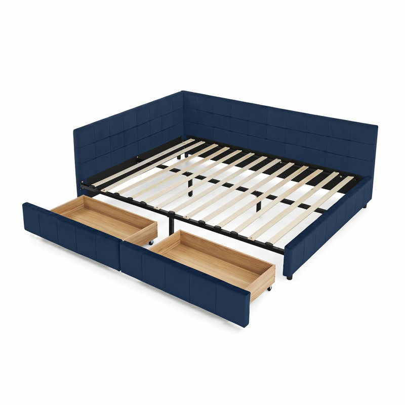 Lit de jour double rembourré moderne avec tiroirs et dossier pour chambre ou chambre d'amis, Bleu très foncé
