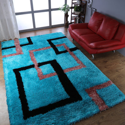 Akzel Hand Tufted Shag Polyester Eco-Friendly Area Rugs - 6' x 9', Rectangle, Turquoise Color, Geometric Modern Design, High Pile Thick Handmade Anti Skid Area Rugs for Living Room, Bed Room