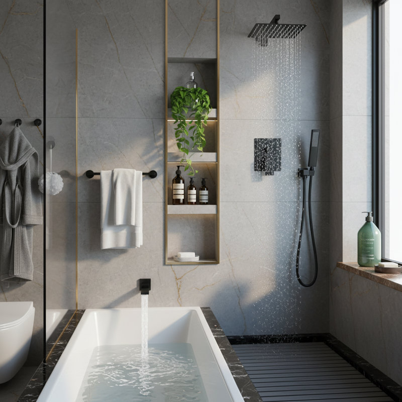12-Inch High Pressure Wall Mounted Rain Shower System with Handheld Shower Head, Tub Spout, and Rough-In Valve, Matte Black