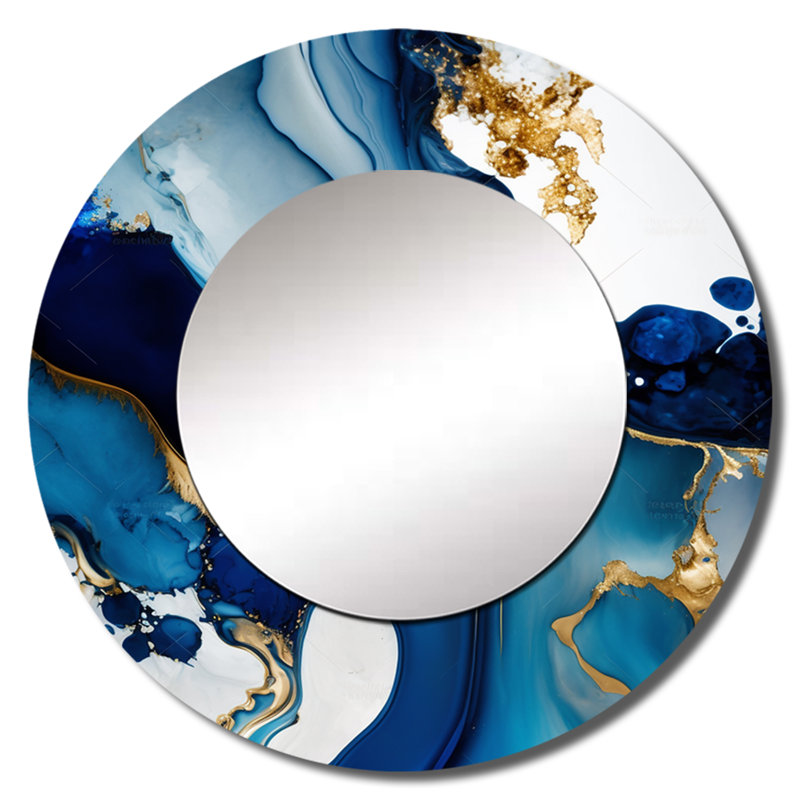 Pangle abstrait marbre géode bleue I - grand miroir mural, miroir mural décoratif rond moderne, impression d'art en métal