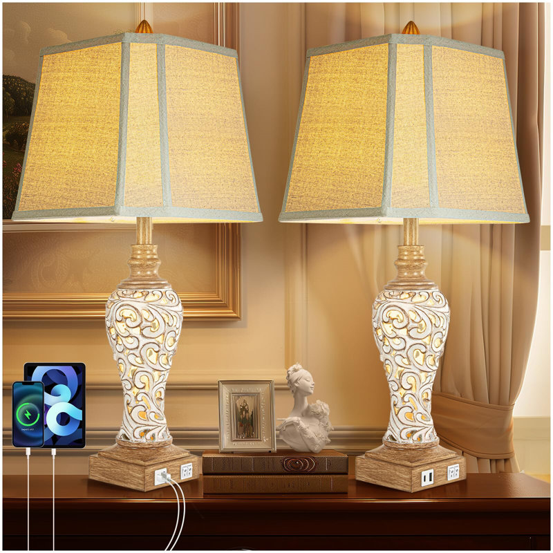 28.5" Beige and White Ceramic Table Lamp Set with Linen Shades