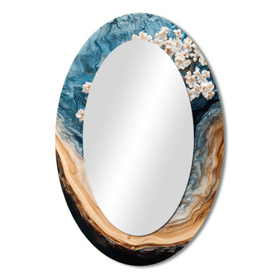 Golden Cherry Blossom Tree Garden Of Winter Beauty II - Floral Oval Decorative Mirror On Metal