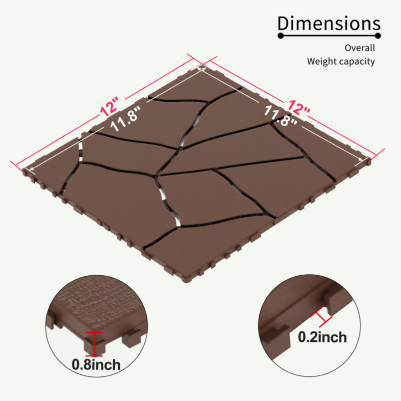 Brown Faux Stone Pattern Interlocking Outdoor Deck Tiles, 12" x 12"