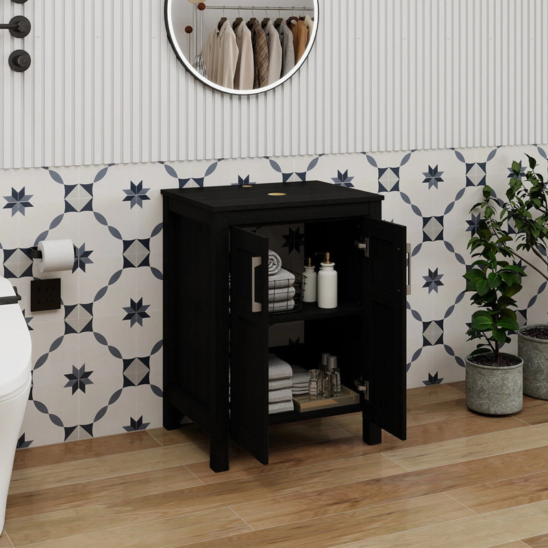 Freestanding Under Sink Cabinet With 2 Shelves, Bathroom Storage Cupboard, Basin Vanity Unit With 2 Doors, Matte Black/Silver