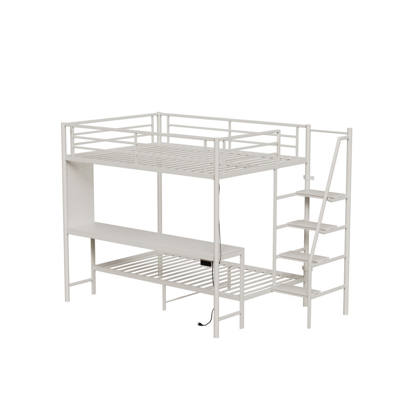 Twin over Full Loft Bed with Desk, LED Lights and Charging Outlet, White, White