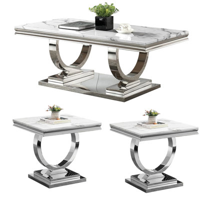 3 Pieces Living Room Table Set, White Faux Marble Coffee Table with 2 End Side Tables, Modern Coffee Table Set of 3 with Stainless Steel Base for Apar by Mercer41