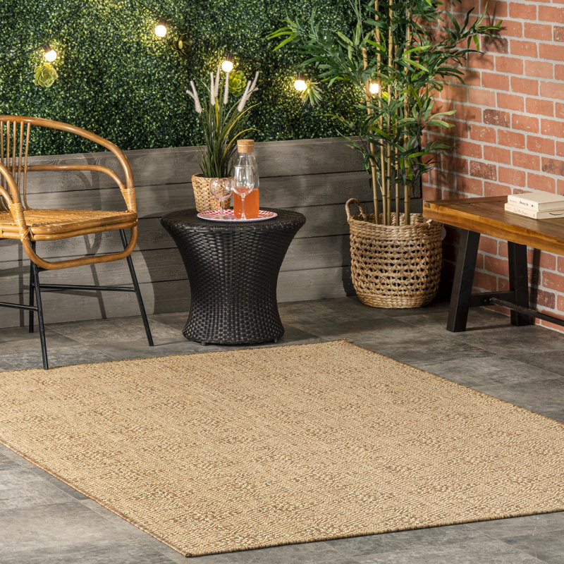 Roselyn Geometric Power Loom Beige Indoor/Outdoor Patio Rug, Rectangle 6'7" x 9'