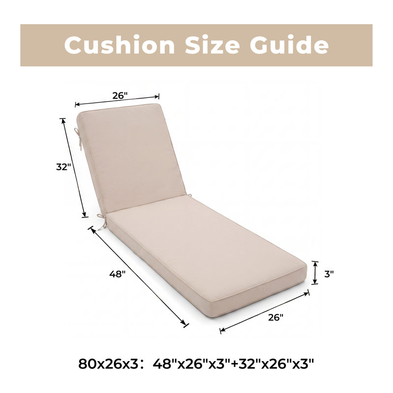 Outdoor Chaise Lounge Cushion - Waterproof, Weather-Resistant, Patio Furniture Replacement, 26" W x 48" D, Beige, 2