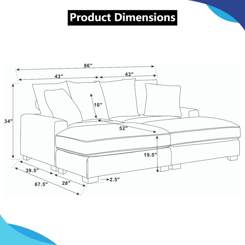 Modular Corduroy Sofa Bed, 86 Inch 4-Seater with Adjustable Headrests & Solid Wood Legs, Gray, Gray Corduroy