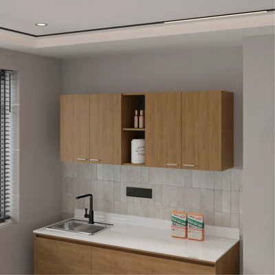 Natural Oak Wall Cabinet Kitchen In Melamine With 4-Door And Open Storage