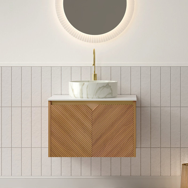 Meuble-lavabo 24 po, meuble de rangement flottant en contreplaqué, portes doubles en sergé avec garniture en métal, lavabo rond en céramique à motif pierre mat et plateau en pierre frittée