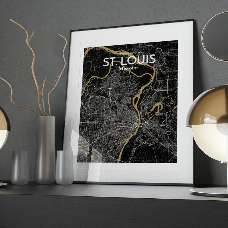 St. Louis City Map, impression, H 20 po x l 16 po, Noir et or