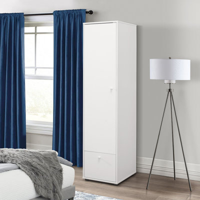White Wooden Wardrobe with Four Interior Shelves and Lower Storage Drawer